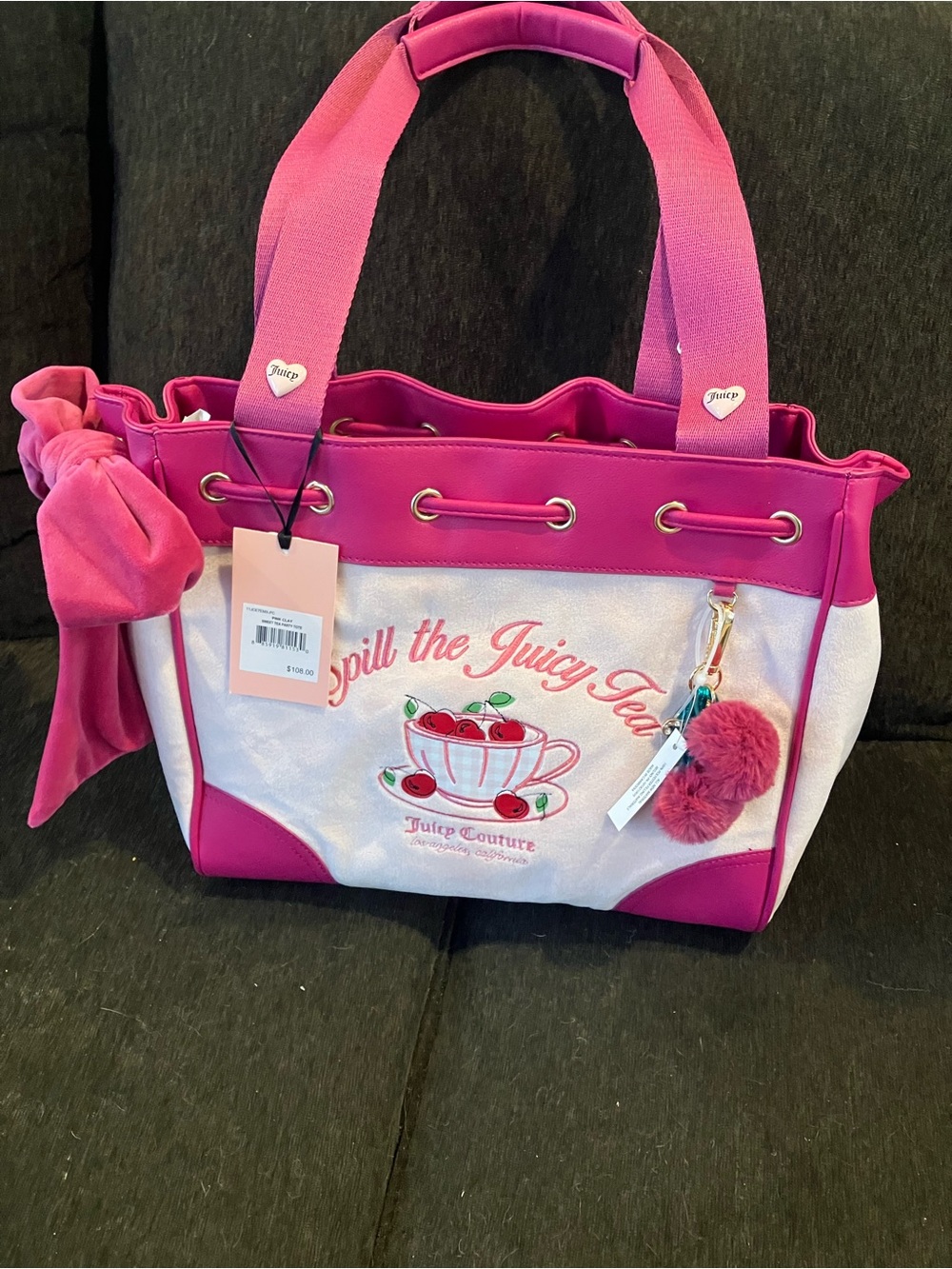 Juicy Couture Hot Pink and White Tote with Pom Charm